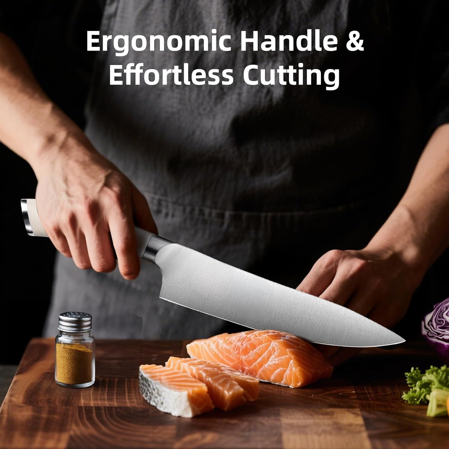 Professional White Chef Knife - 8 Inch High Carbon Stainless Steel Kitchen Knife with Ergonomic White Handle for Precise Cutting - Image 5