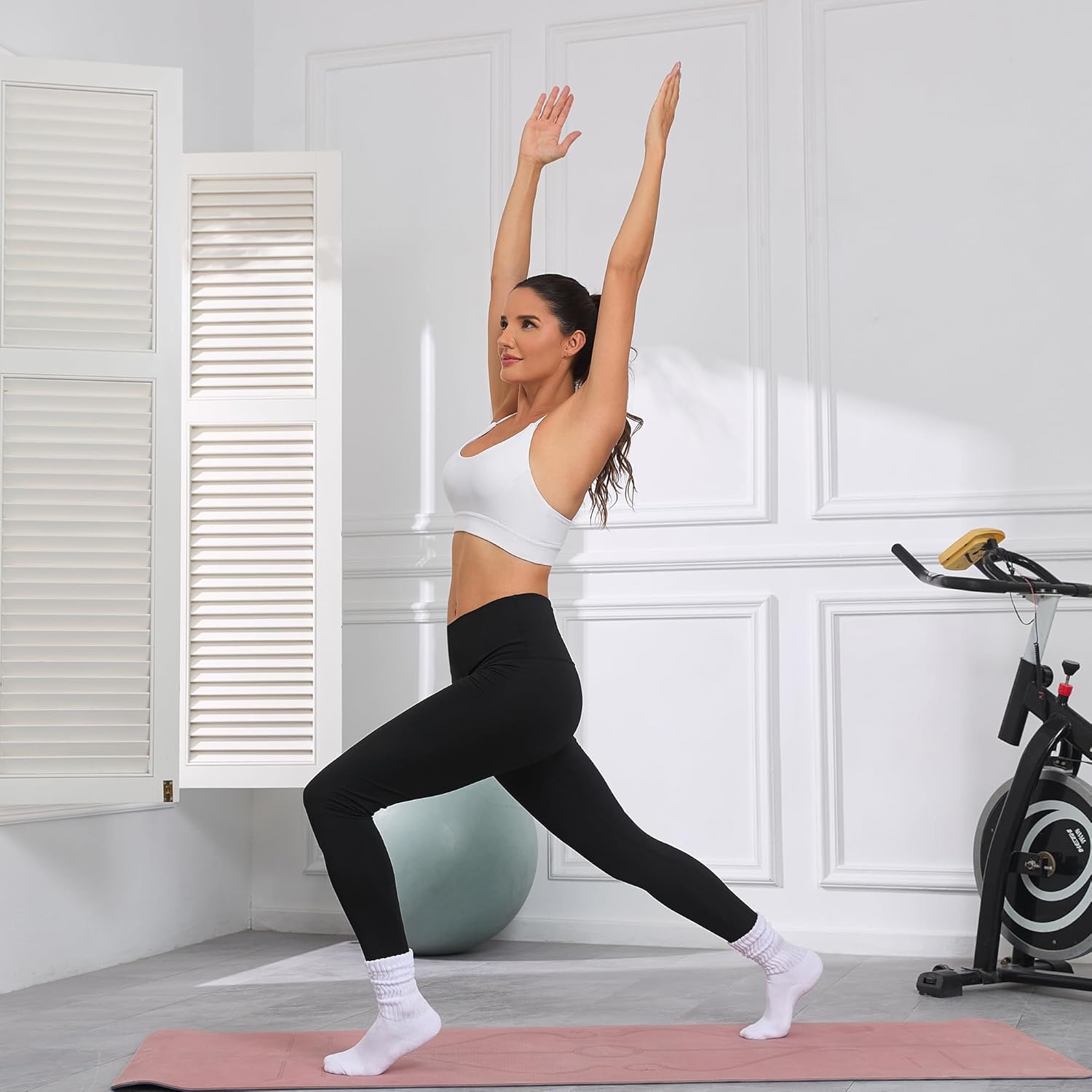 Pilates Socks for Women Mid Calf Slouch Yoga Socks with Non Slip Grippers for Barre Boot Sock 3 Pairs - Image 5