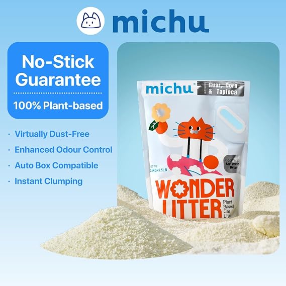 Michu Wonder Cat Litter, Cassava Plant-Based Cat Litter, Automatic Litter Box Friendly, Flushable & Fast Clumping, Low Dust Odor Control, 5.5lb/88oz - Lemon Tea 2 Pack