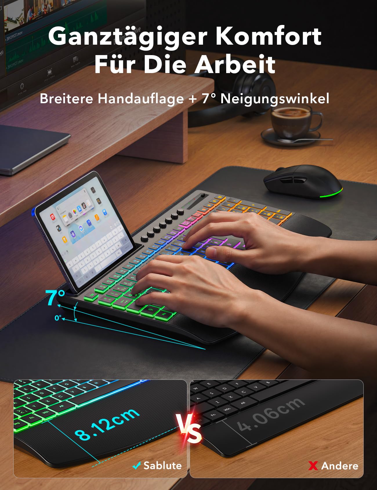 Tastatur Maus Set kabellos Beleuchtete, Wiederaufladbare Tastatur mit 4000 mAh Akku, Telefonhalter, Leise Tippen in Voller Größe, 3 DPI Maus, 2,4GHz USB-A/USB-C für Chrome OS/Window/PC- KM22 Ultra