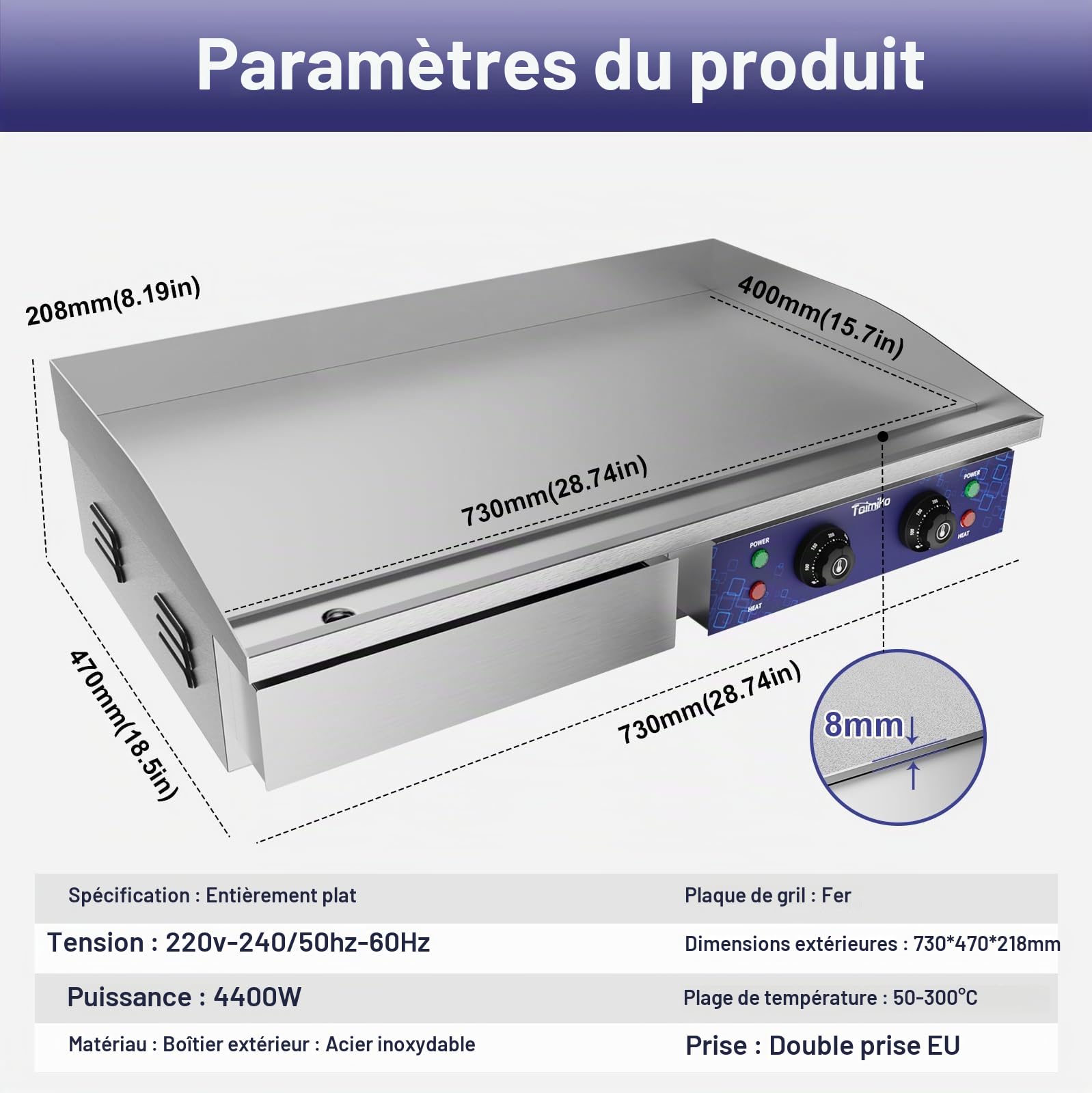 TAIMIKO Plancha Électrique 73cm Plancha Electrique Exterieur 4400w Commercial en Acier Inoxydable Professionnelle Plaque Électrique 2 Pelles et 2 Brosses, Pour Barbecue Restaurant Snack-Bar