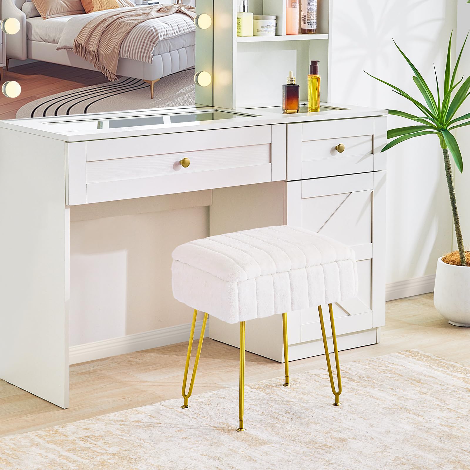 Redlife Chaise de Coiffeuse, Tabouret avec Espace de Rangement, Repose-Pieds Ottoman, Pouf pour Salon, Coiffeuse en Fausse Fourrure avec Pieds en métal doré (Blanc)