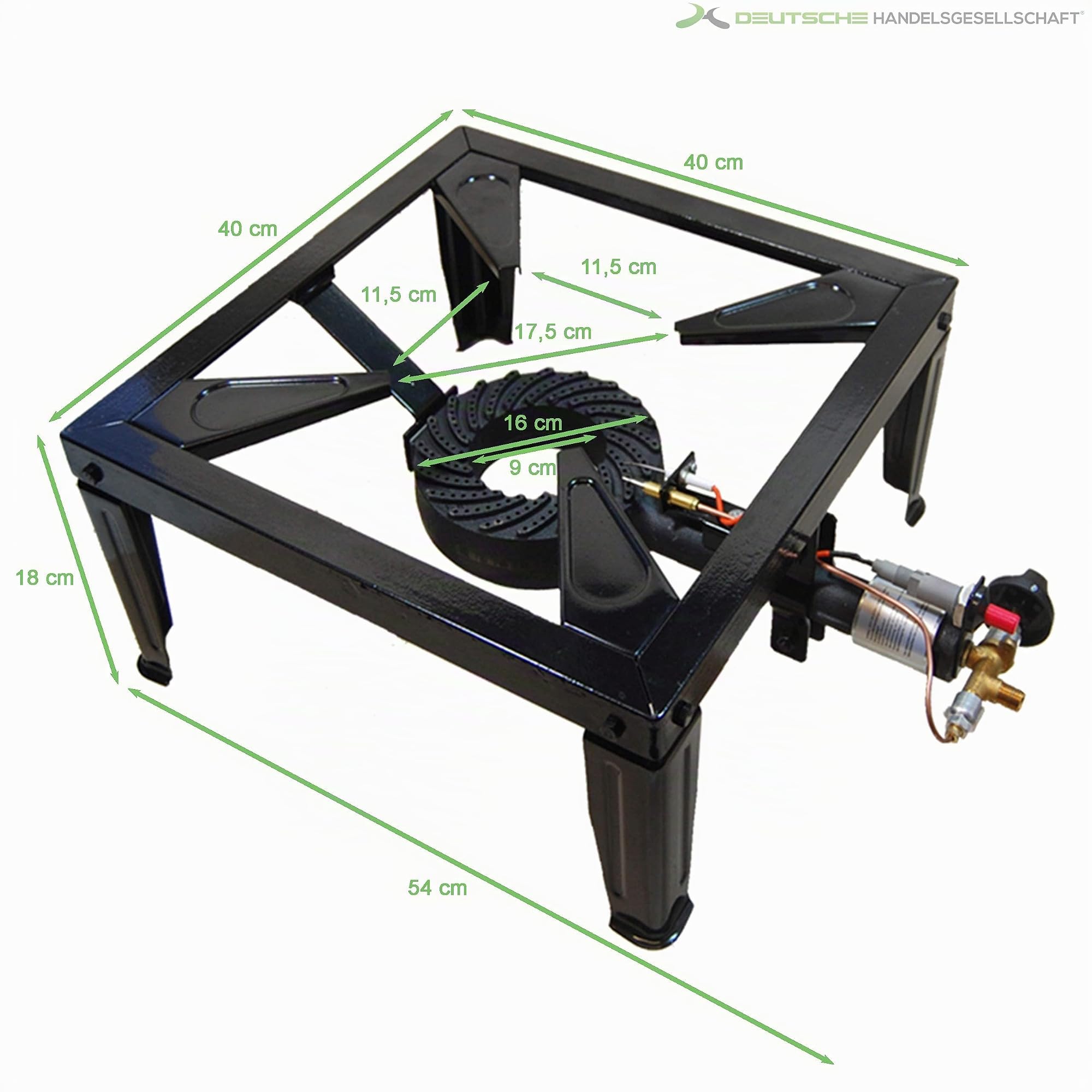 D/H Profi Gaskocher 10,5 kW Hockerkocher mit Gussbrenner, Piezozündung & Zündsicherung – 4-Fuß Campingkocher inkl. 50 mbar Druckregler und 1,5 m Gasschlauch