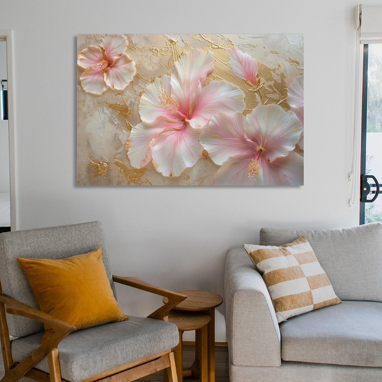 Amazon.co.jp: 絵画 ピンクゴールドのハイビスカスの花インテリア 絵画