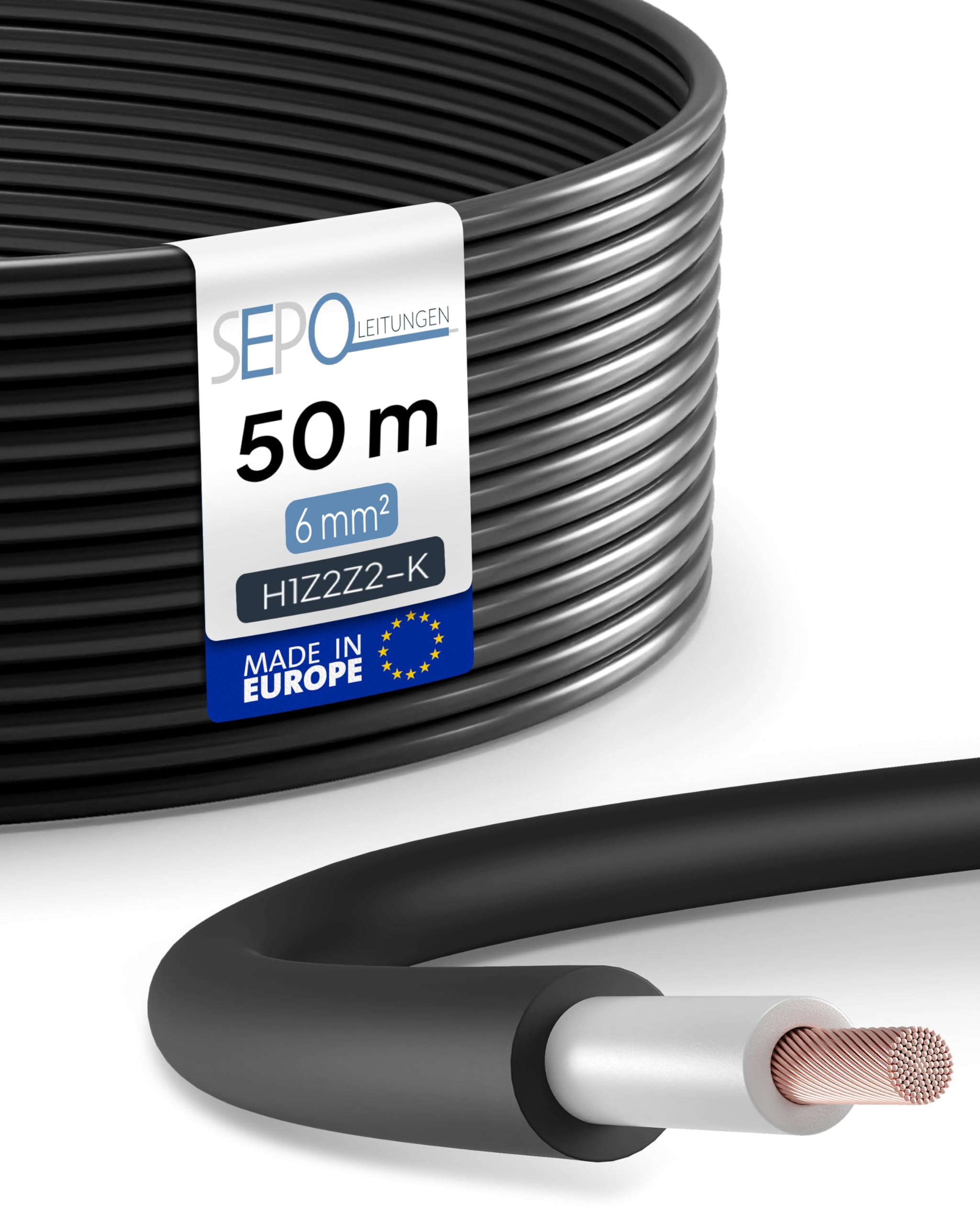 Solarkabel 6 mm² 50m – Solarleitung H1Z2Z2-K - Made in EU - Doppelt isoliert für Photovoltaik-Systeme – inkl. 0% MwSt. gem. § 12 Abs. 3 UStG (Schwarz - 50 Meter)