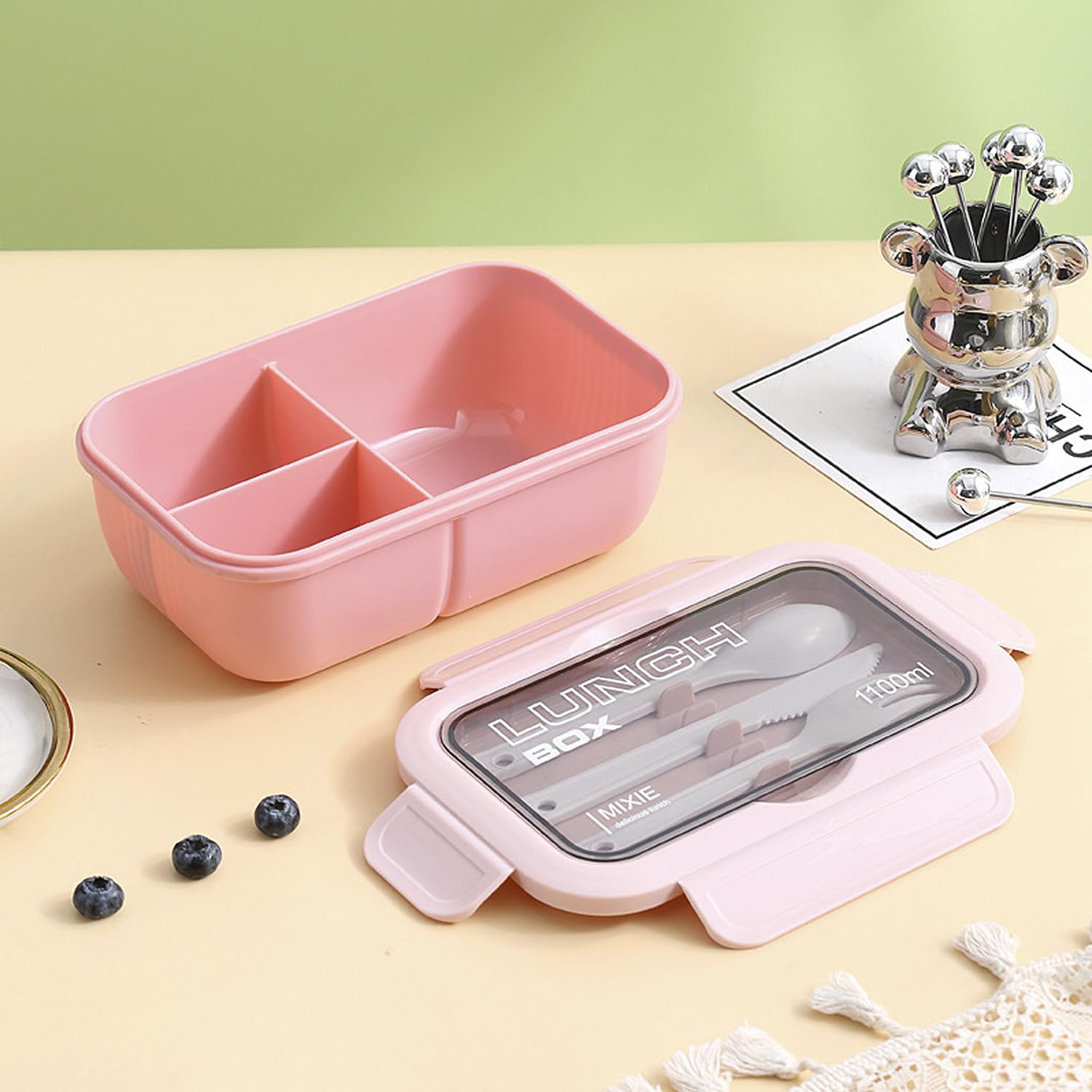 DAM Fiambrera hermética apilable para Guardar Alimentos, de 1100ml, Incluye tazón con Tapa y Cubiertos. 21x13x7,5 Cm. Color: Rosa Claro