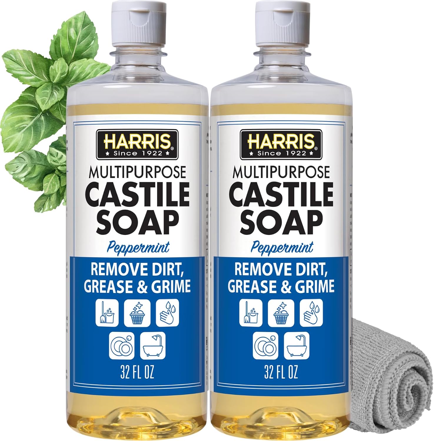 HARRIS Multi-Purpose Liquid Castile Soap for Home Cleaning, Use as Dish Soap, Laundry Detergent, Kitchen & Bathroom Surface Cleaner, Kids Room, 2 Pack of 32 Fl Oz with Microfiber Cloth (Peppermint)