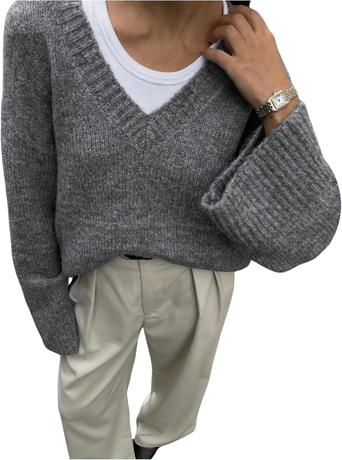 GORGLITTER Women's Oversized V Neck Sweater Chunky Long Sleeve Loose Fall Fashion Knitwear Pullover Tops