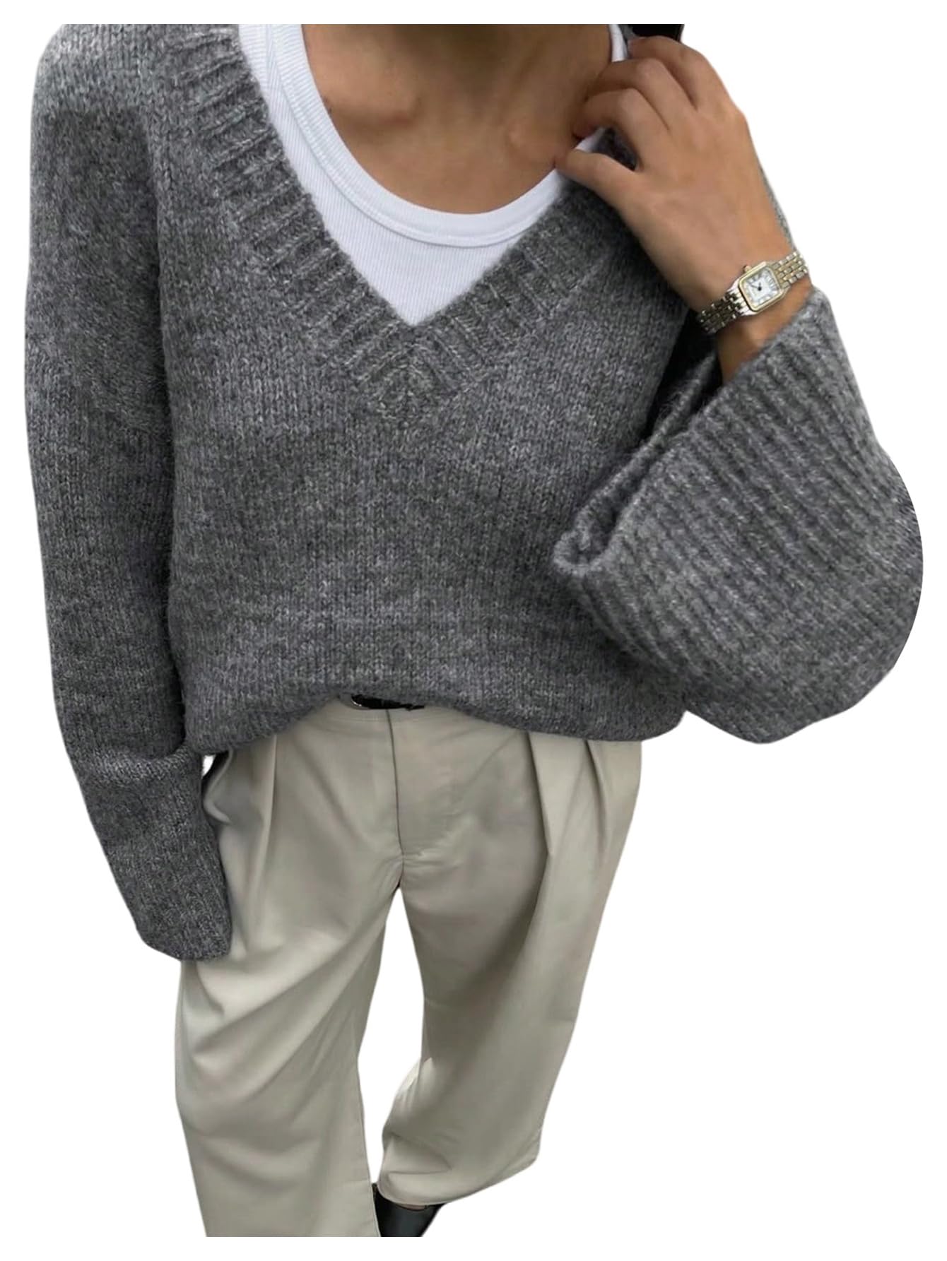 GORGLITTER Womens Oversized Chunky Fall Sweater 2025 V Neck Long Sleeve Loose Knitwear Pullover Tops