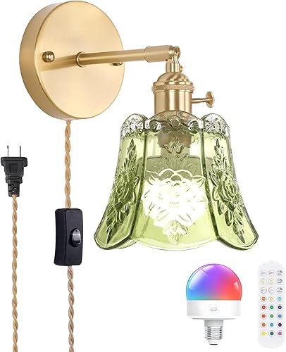 Miniatura 19 de Juego de 2 apliques de pared vintage con pantalla de vidrio a rayas ámbar, apliques de latón ajustables de 180 grados, con cable de iluminación,