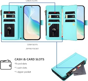 Zipper Crossbody Wallet Wristlet Phone Case for Honor Magic 7 Lite,Magnetic 9 Card Holders Pocket Purse Cover All-Round Shockproof Protective PU Leather Bumper Light Green