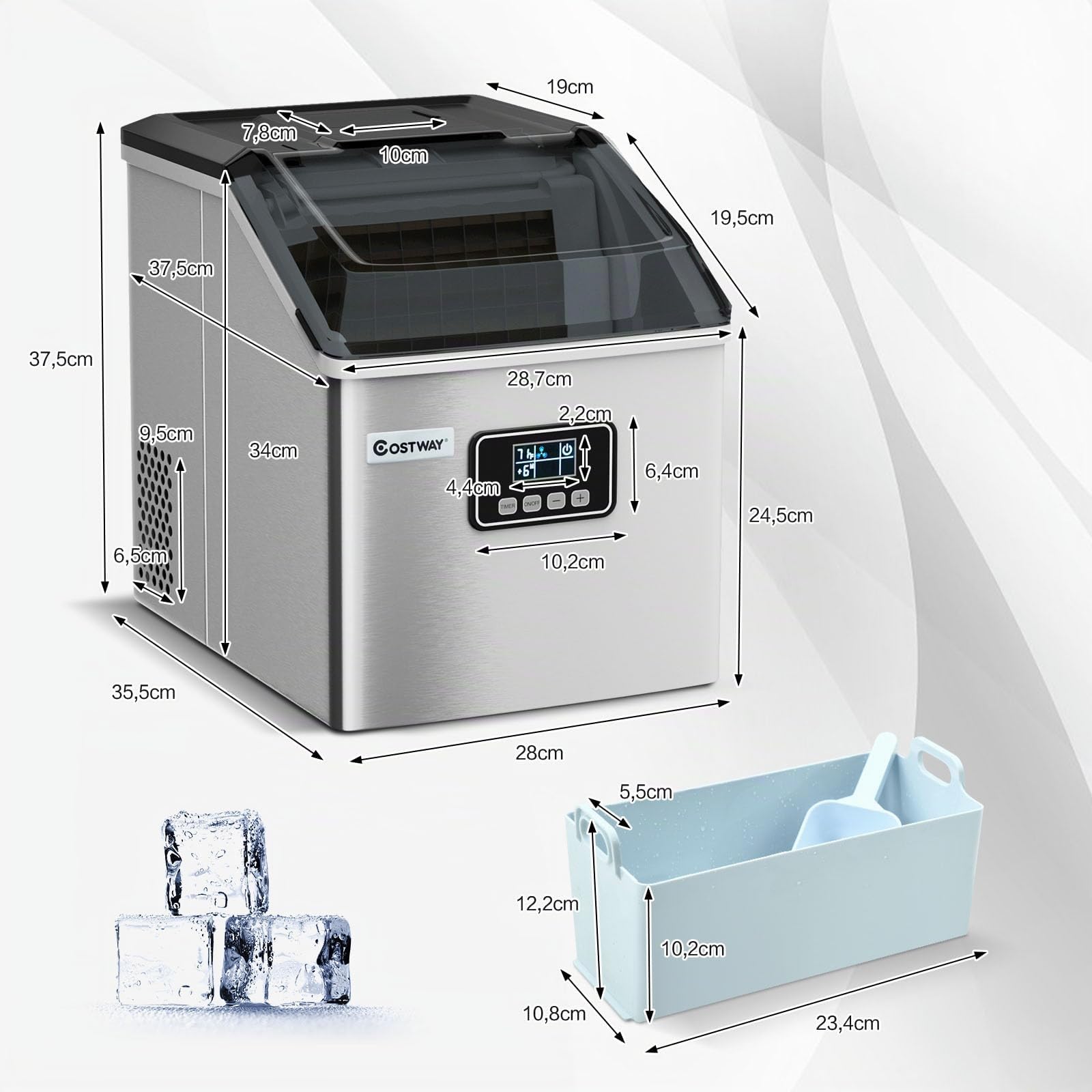 COSTWAY Machine à Glaçons Automatique 18kg/24h, Acier Inoxydable, Cuillère à Glace, Panier, Fonction d'Auto-nettoyage, Ecran LCD, Fonction Minuterie, pour Cuisine, Bar, Café