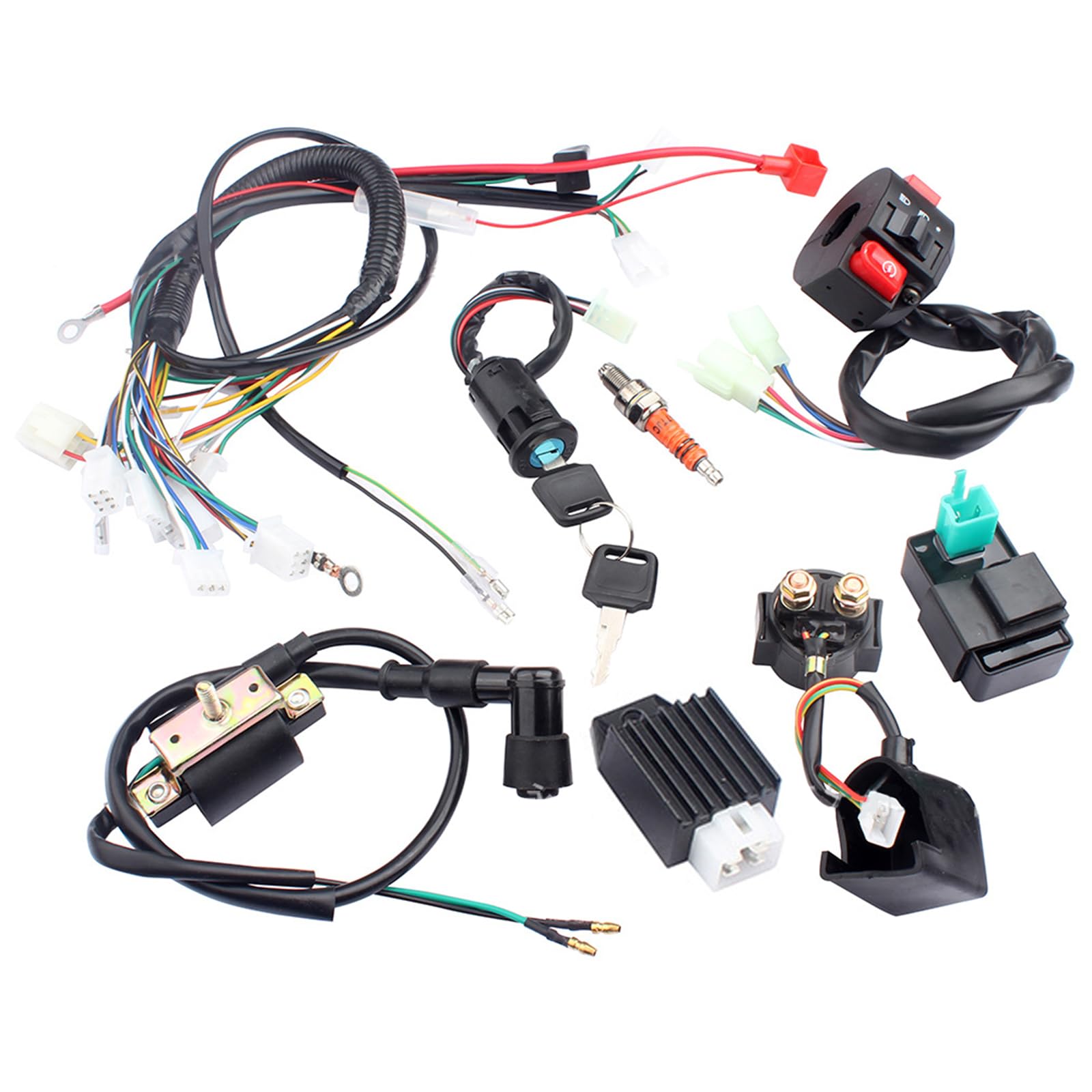 Kit complet de faisceau de câbles pour 50-125 cc ATV/Quad/moto, serrure d'allumage avec clé CDI Bobine d'allumage Relais Régulateur Interrupteur Bougie d'allumage Quad Remplacement pour Dirt Bike