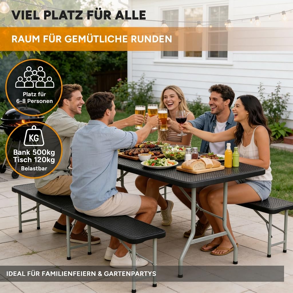 Bierzeltgarnitur Klappbar 3-teilig – Kunststoff Biertischgarnitur Tisch & 2 Bänke – Campingtisch, Festzeltgarnitur, Rattan-Optik, Wetterfest, Tragegriff, 500 kg je Bank