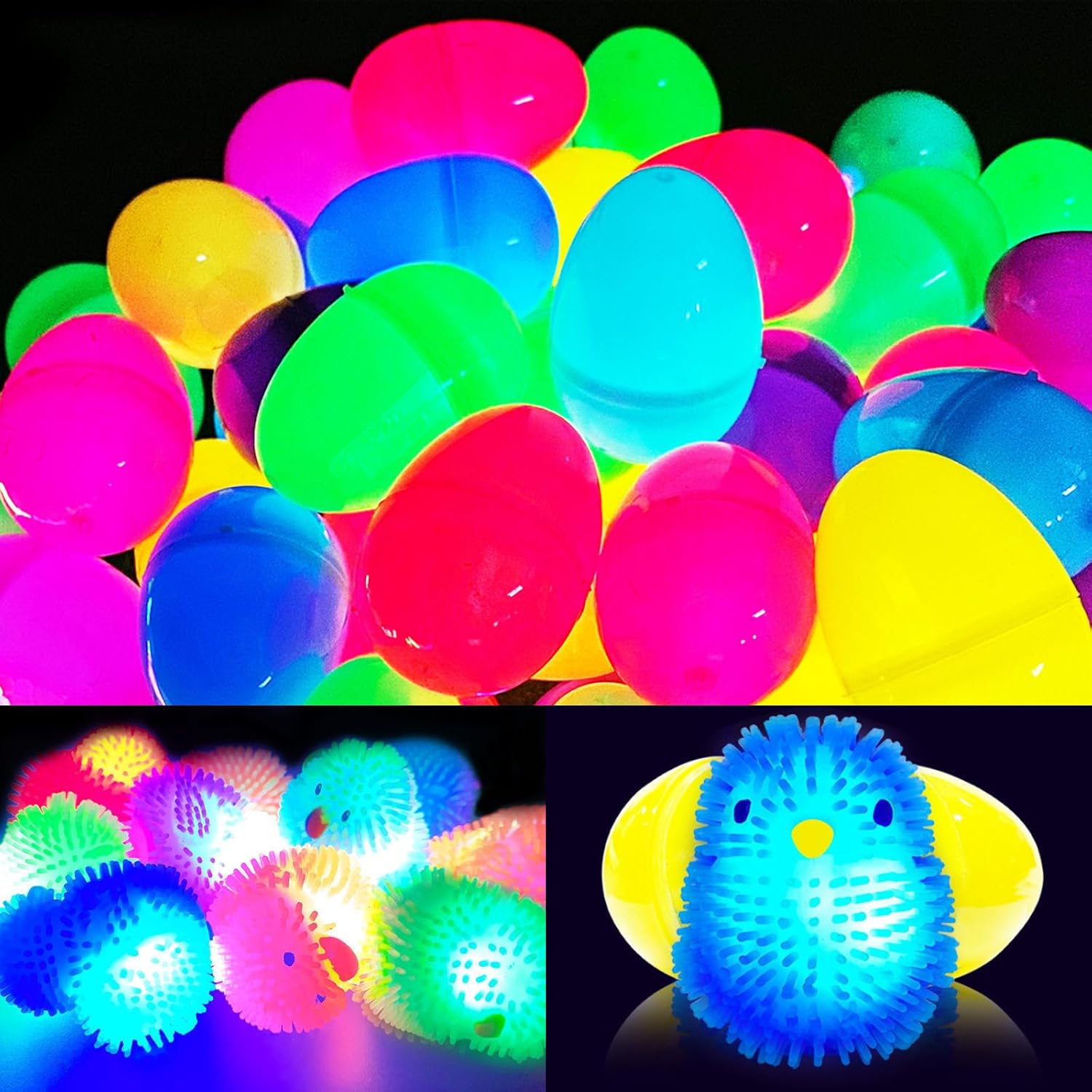 Easter Basket Stuffers 12 Pack Easter Eggs Filled with Chick Duck LED Puffer Balls,Light Up Stress Relief Fidget Toys Squeeze Sensory Ball for Toddler Kids Boys Girls Easter Egg Hunt Party Favor Gift
