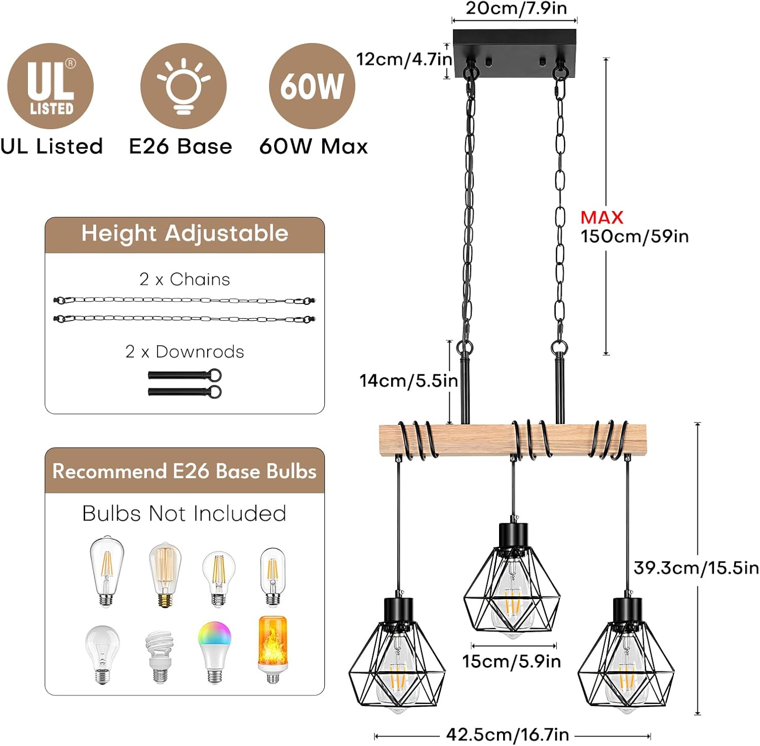 Farmhouse Dining Room Pendant Light Fixture Over Table, 3-Light Rustic Solid Wood Kitchen Island Lighting with Metal Shades, Modern Black Linear Chandelier for Pool Table