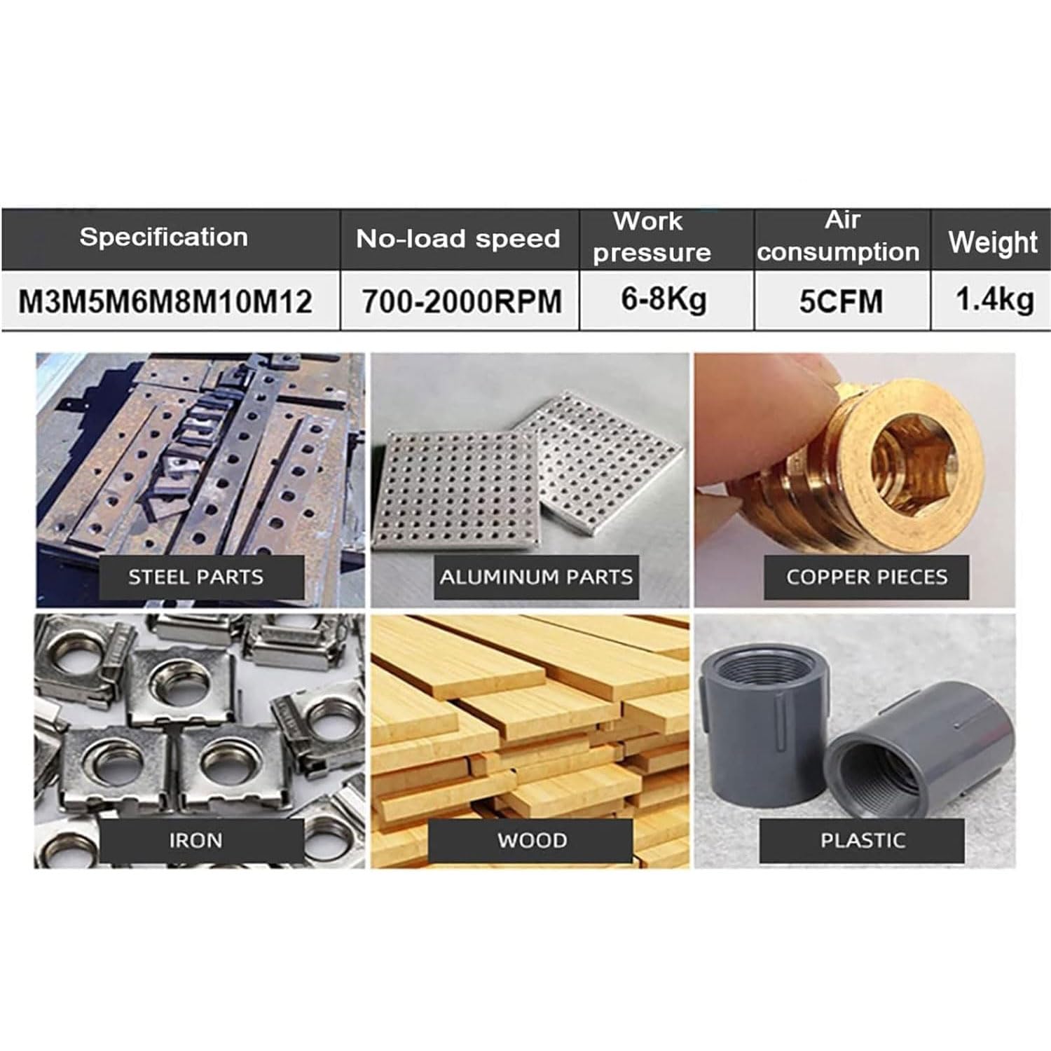 Maschiatrice Pneumatica Portatile, Punta Da Trapano Pneumatica Reversibile Con 6 Mandrini Autobloccanti, Trapano a Pistola Ad Aria Compressa Da 1/4" 700-2000 Giri/min. Velocità Regolabile