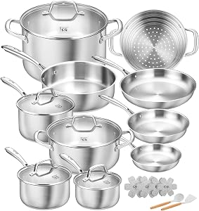 KOCH SYSTEME CS 21 PCS Stainless Steel Cookware Set with Lid, 18/10 Stainless Steel Pots and Pan Set with Steamer, 5 Layer Base, Kitchen Induction Cookware Set, Oven & Dishwasher Safe, Non-Toxic
