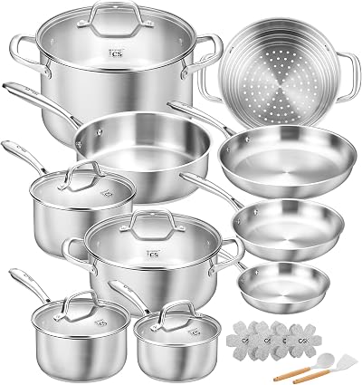 KOCH SYSTEME CS 21 PCS Stainless Steel Cookware Set with Lid, 18/10 Stainless Steel Pots and Pan Set with Steamer, 5 Layer Base, Kitchen Induction Cookware Set, Oven & Dishwasher Safe, Non-Toxic