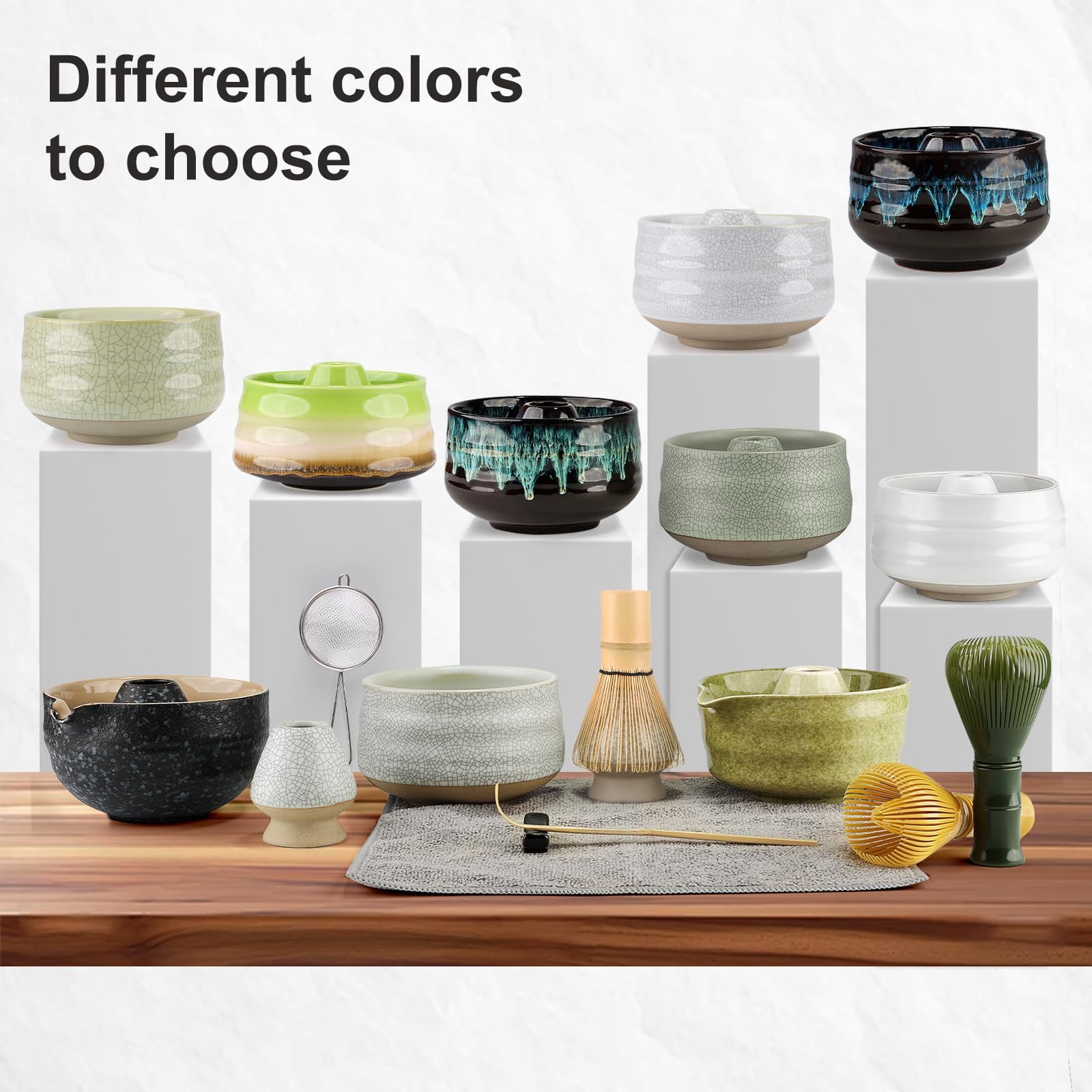 GUIGA Set di 7 matcha per cerimonie giapponesi, per matcha, in resina gialla, cucchiaio di bambù, porta scopa, set matcha per cerimonia del tè, bevanda (bianco opaco)