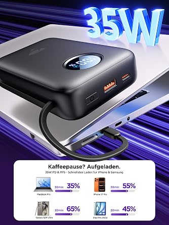 Aioneus Power Bank 20000 mAh 35 W USB-C PD Fast Charging Function Power Bank with Integrated Cables (USB-C & Lightning) LED Display External Mobile Phone Batteries Compatible with iPhone Samsung iPad Laptop