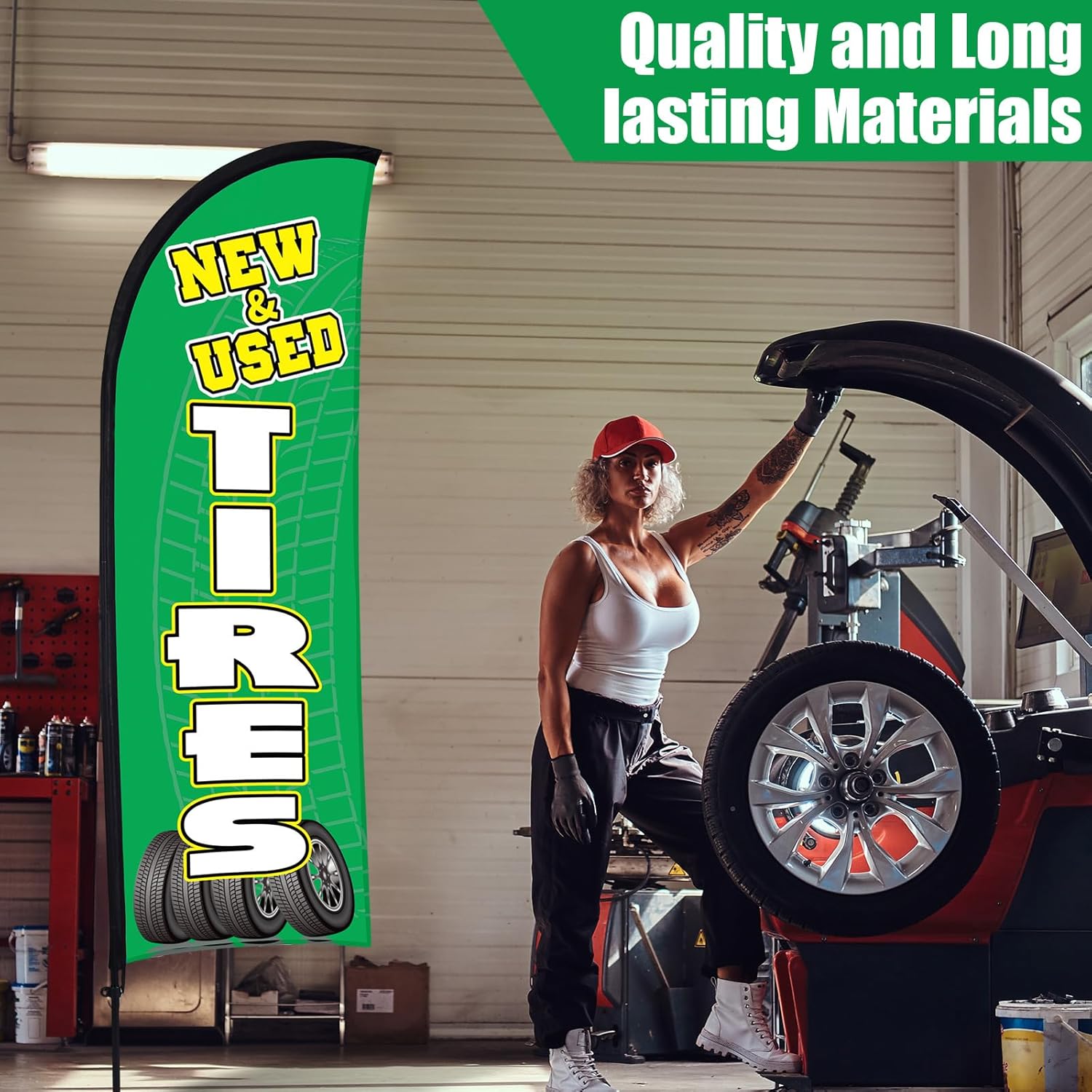 Buryeah 3 Sets Tires Shop Feather Flags with Poles 7ft New and Use Tires Flags for Businesses Outdoor Advertising Banner Sign to Sale Tyre Signs Supplies (Green)