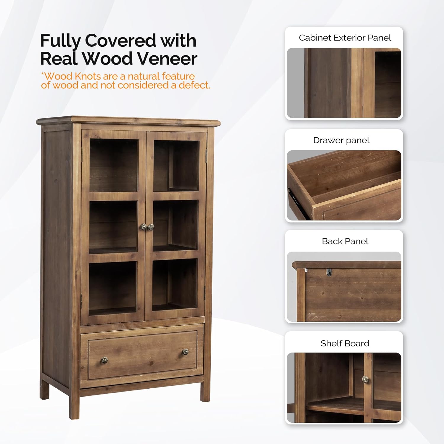 VINGLI Rustic Storage Cabinet with Glass Doors & Drawer, Solid Wood Leg, Walnut Finish Showcase