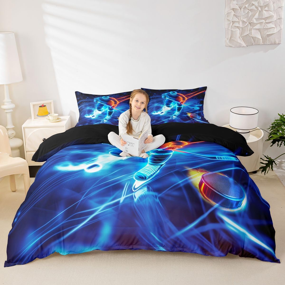 Feelyou Ice Hockey Bedding Set Hockey Player Comforter Cover for Kids Adult Sports Event Duvet Cover Winter Sports Hobby Bed Set Bright Room Decor 3Pcs with 2 Pillow Case Queen Size (No Comforter)