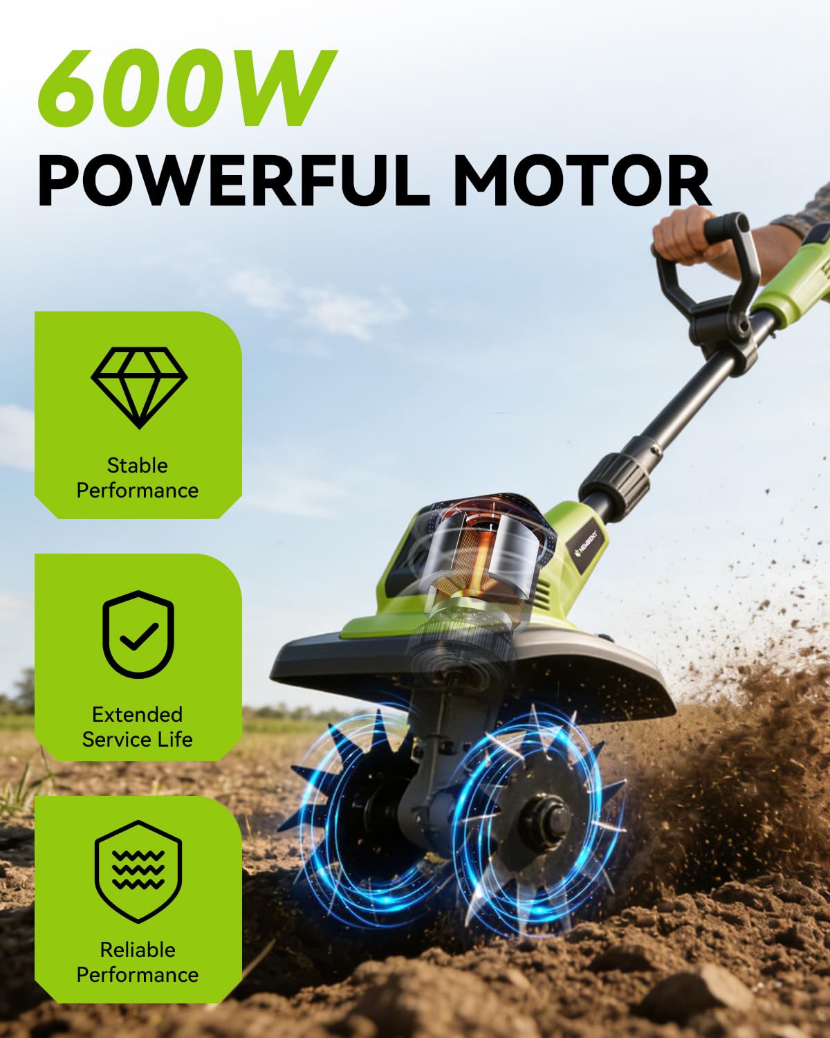 Timón inalámbrico con 2 baterías de 2.0 Ah, rotavator de jardín con 4 juegos de cuchillas de acero, 23 cm de ancho y 17 cm de profundidad, cultivadores para deshierbar, cultivo de suelo y