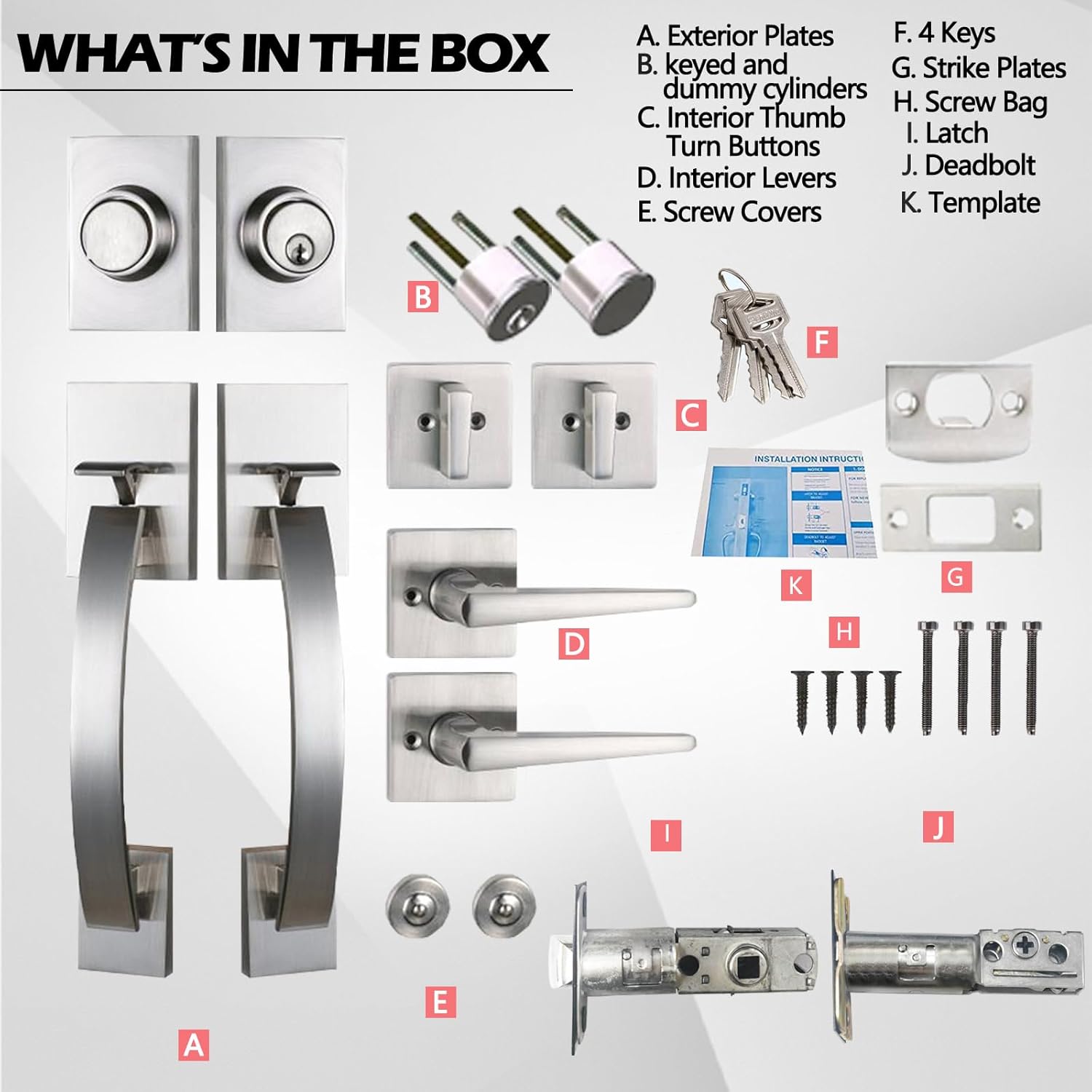 NEWBANG Silver Double Doors Handle Lock Set for Front & Entry Door - Satin Nickel Finish,MDHST2017SN-SET-BR