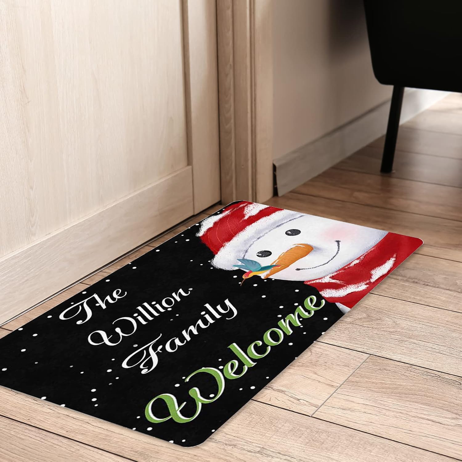 Magimagine Personalized Snowman Christmas Welcome Doormat for Outdoor,Custom Christmas Decorations Mat with Name,Customized Non Slip Christmas Rugs for Front Door Outside Entry Porch Yard 30 * 18 in