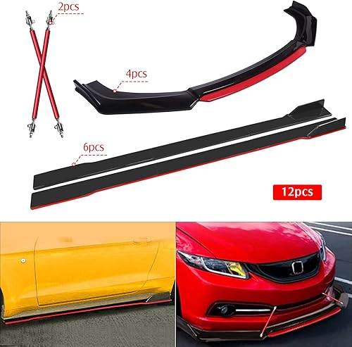 Miniatura 8 de TOMICOB Kit de difusor de alerón de barbilla, color negro brillante con parachoques delantero rojo con faldones laterales de 78.7 pulgadas, paneles
