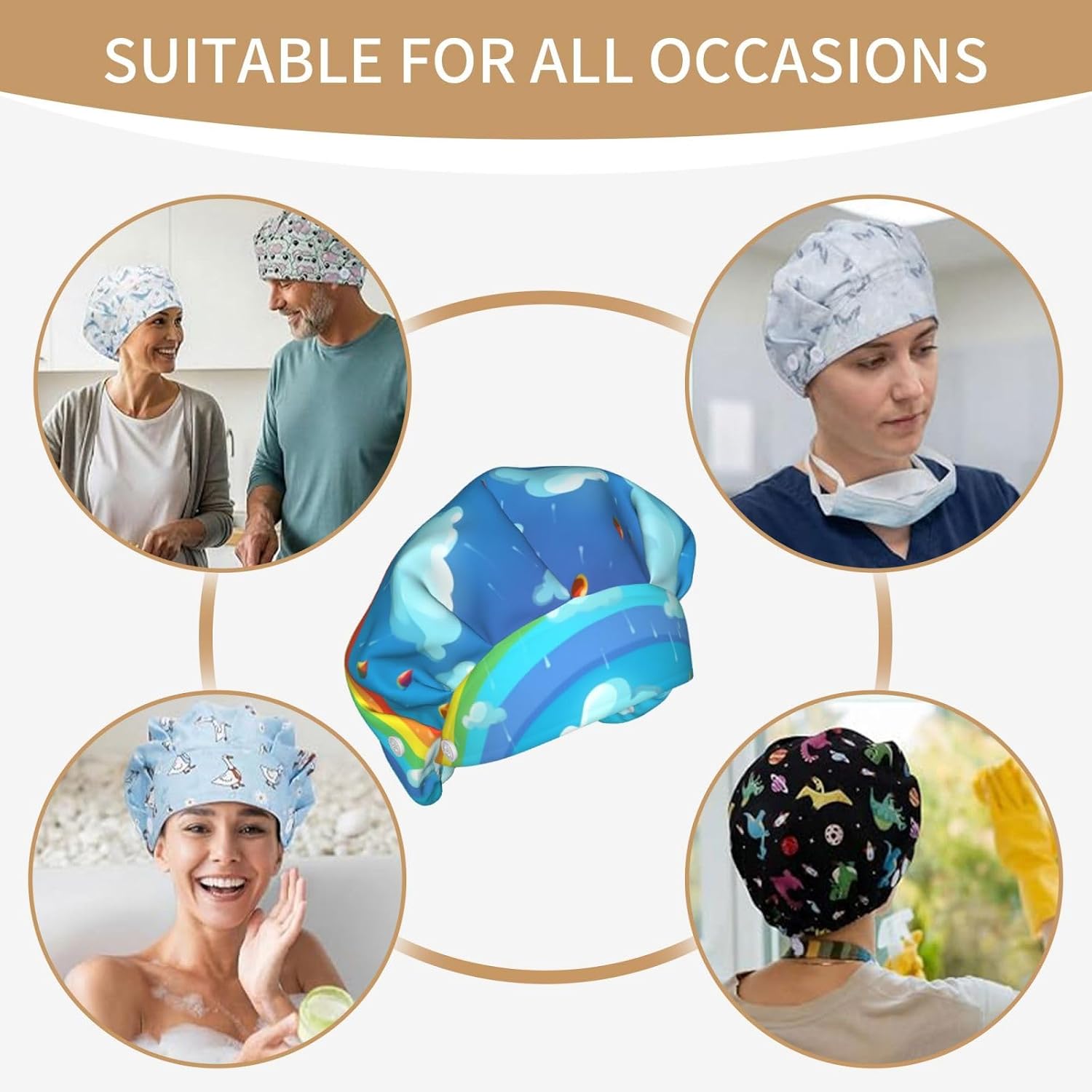 Rainbow Clouds Raindrop Bouffant Cap with Buttons, Sweatband Cap