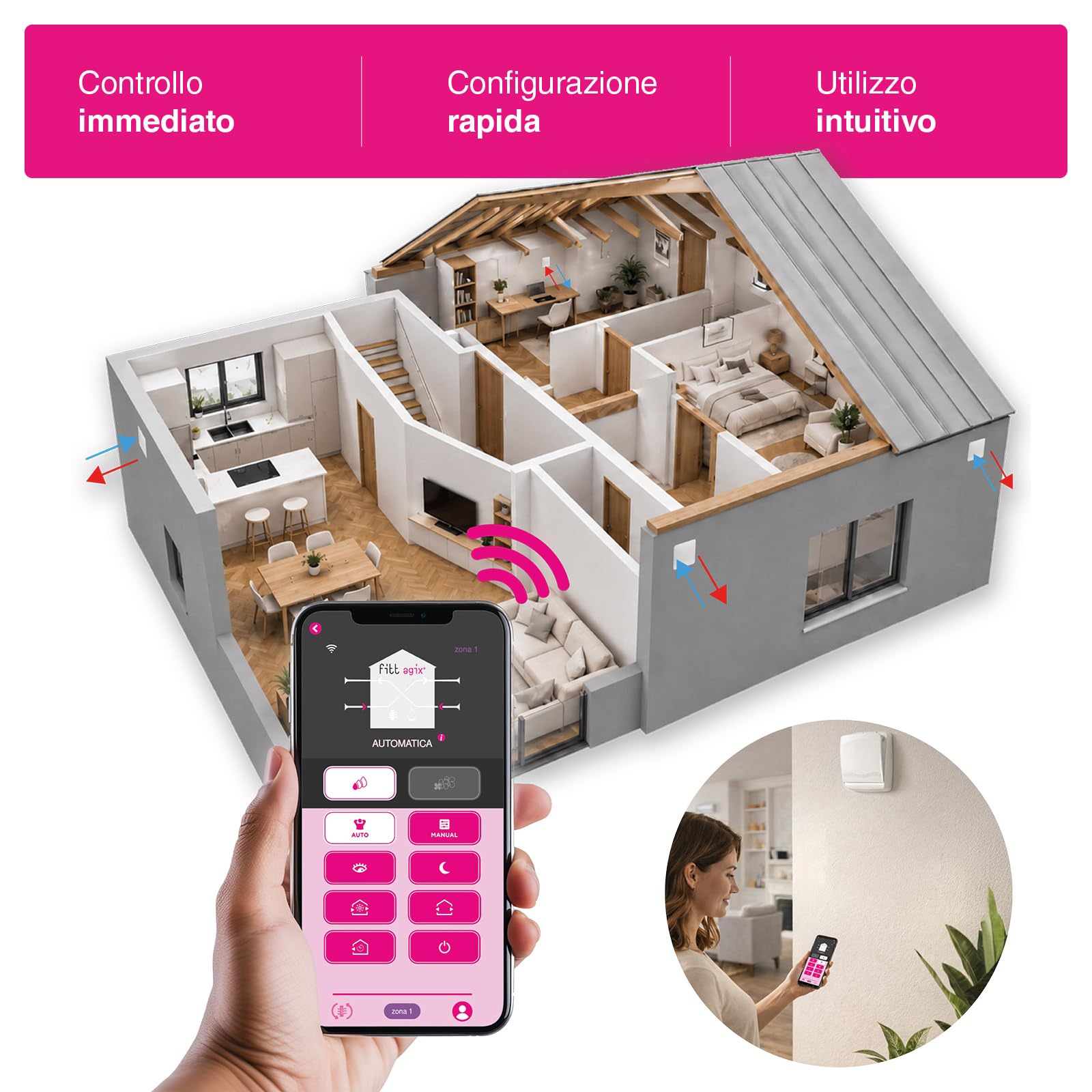 Flat 60 – Unità di Ventilazione Meccanica Controllata (VMC) decentralizzata con recupero di calore, portata 60 m³/h, controllo tramite App AgixPoint