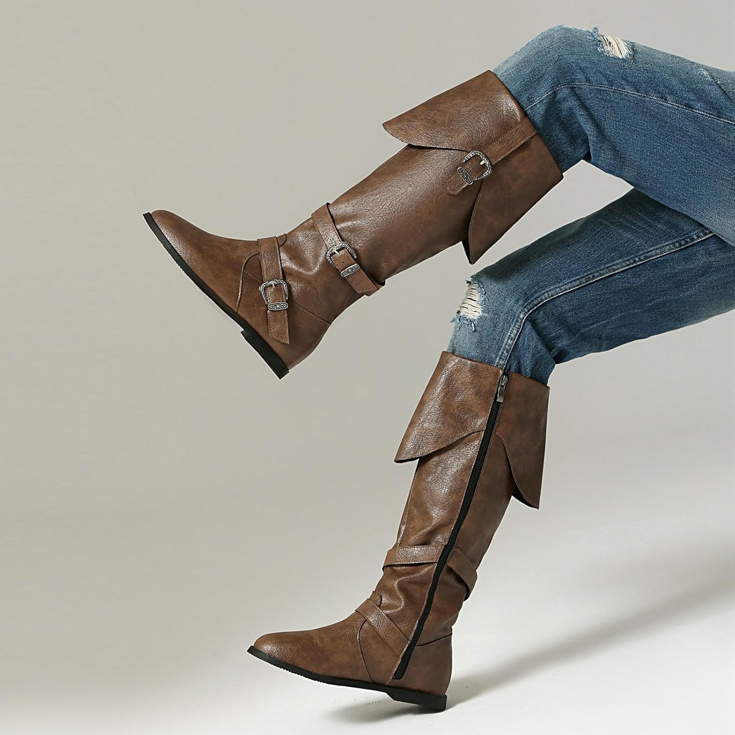 Betastella Womens Pirate Costume Boots Medieval Renaissance Knee High Flat Boots Buckle Vintage Halloween Cosplay Shoes, Size 8, Brown