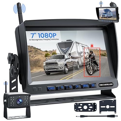 TECXERLLON RV Backup Camera, Vehicle Backup Camera with AI Detection, 1080P Backup Cameras, 7'' Waterproof Wireless Backup Camera with DVR Recording & Night Vision for Car, Van, SUV, Truck, Trailer