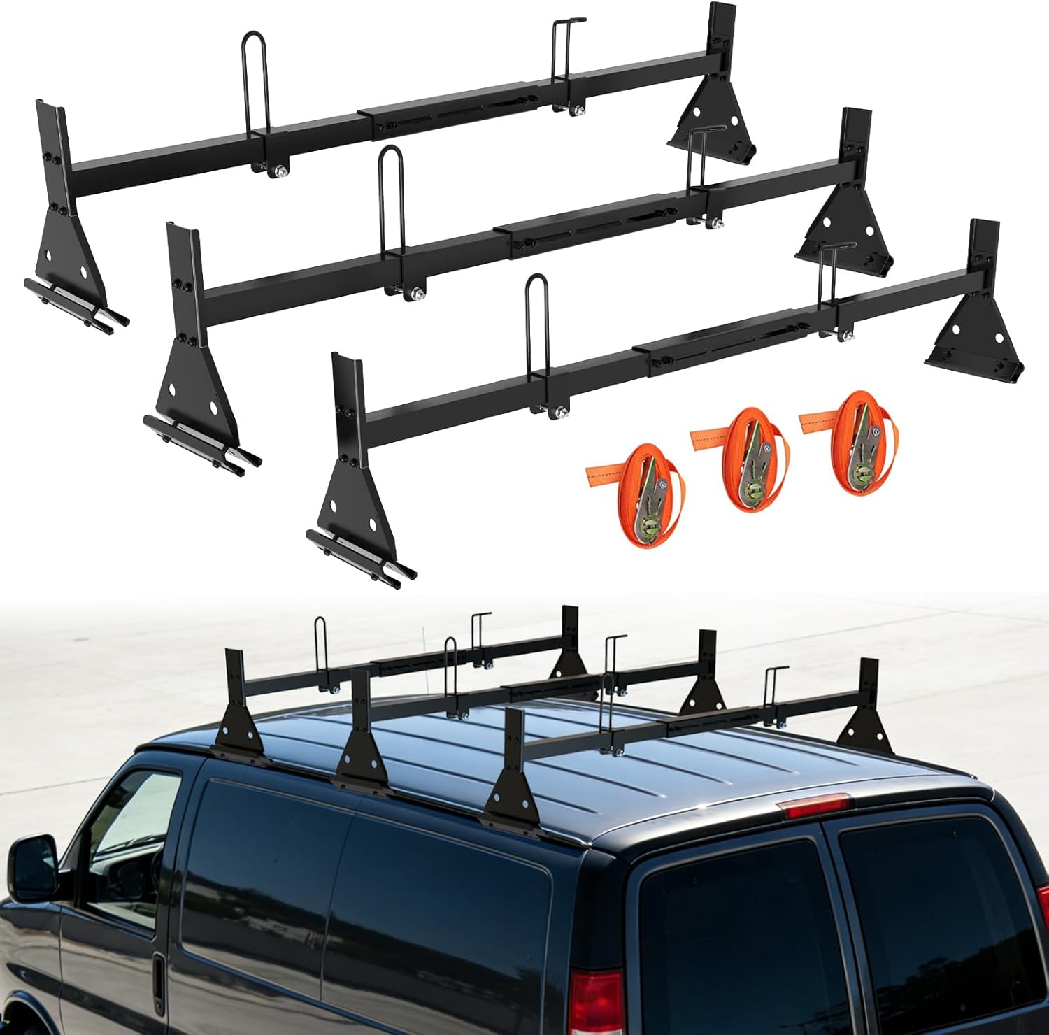 Van Ladder Roof Rack Cross Bars, Adjustable 56.3"-69.3", Heavy Duty, Compatible with Ford Econoline (E-150/250/350), Chevrolet Express, GMC Savana (Rain Gutter Models)