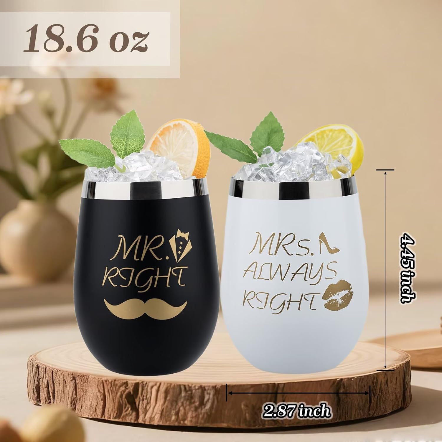 Mr and Mrs gifts Stainless Steel Wine Glasses Set, Wedding Engagement Tumbler Gift for Couples Ideas - His & Her Cups Gifts for Husband Wife, Black & White Mugs 18oz