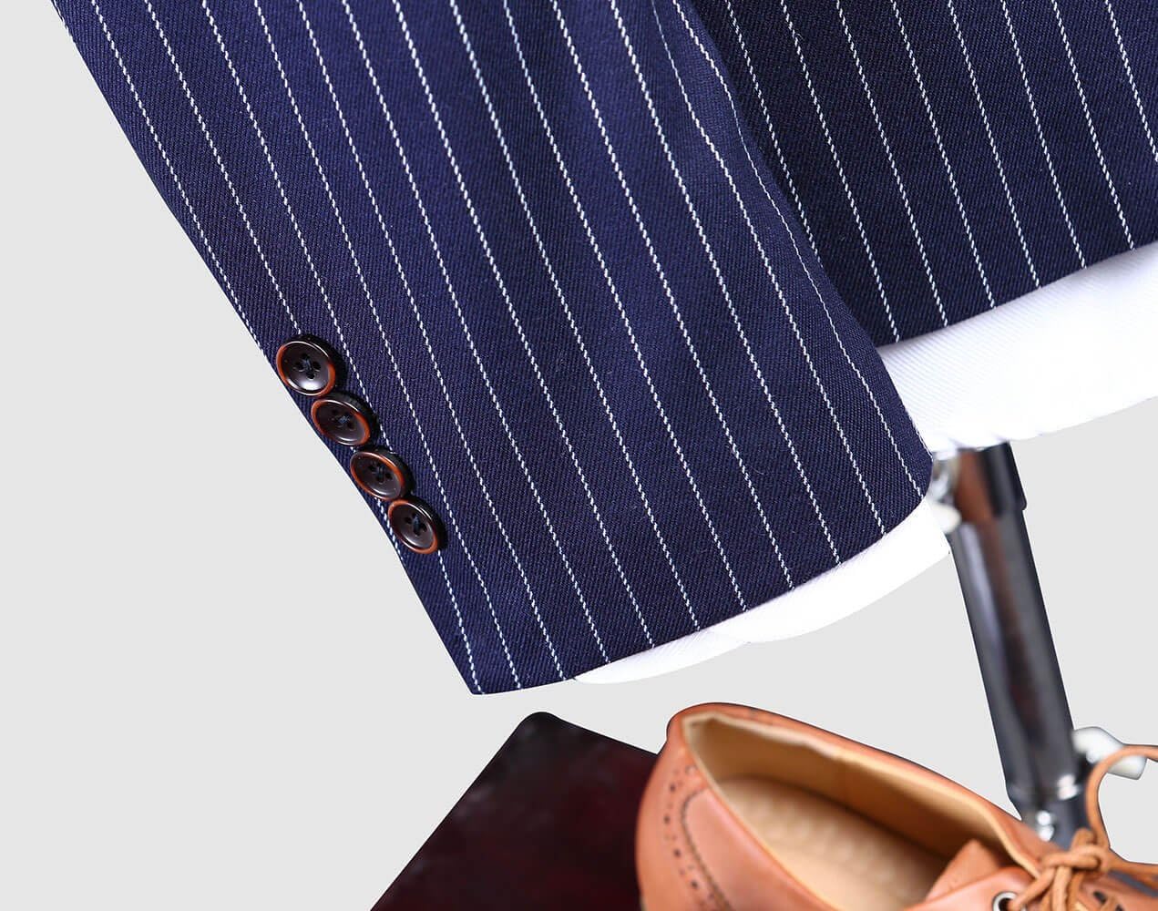 Mens Blue with White Pinstriped Suit 3 Pieces Single Breated Classic-Fit Blazer Waistcoat Vest Pants