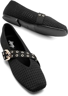 Mesh Flats for Women, Max Buckle Square Toe Trendy Mary Jane Shoes Breathable Washable Knit Ballet Flats with Support Latex Insole for Office Casual