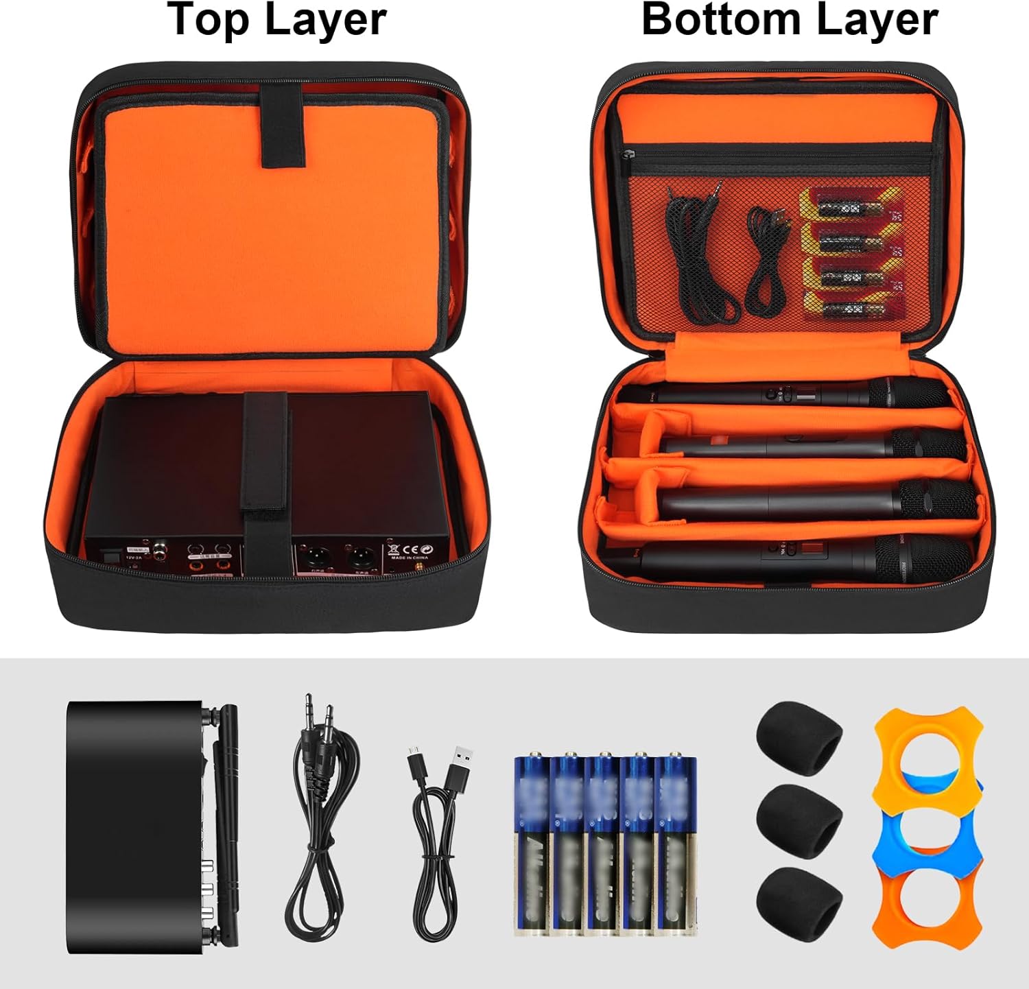4-Slot Wireless Microphone Case, Storage Bag Compatible with JBL Partybox/Shure/Phenyx Pro/TONOR Handheld Microphone System, Double Layer Wireless Mic Organizer for Receiver & Cables