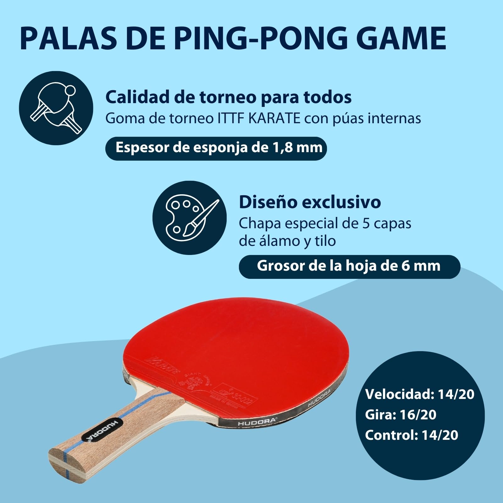 HUDORA Raqueta de Tenis de Mesa Game - Pala de Ping Pong Superficie de Torneo ITTF Karate - Pala de Pimpón para Principiantes y Profesionales - Raqueta de Tenis de Mesa de Madera
