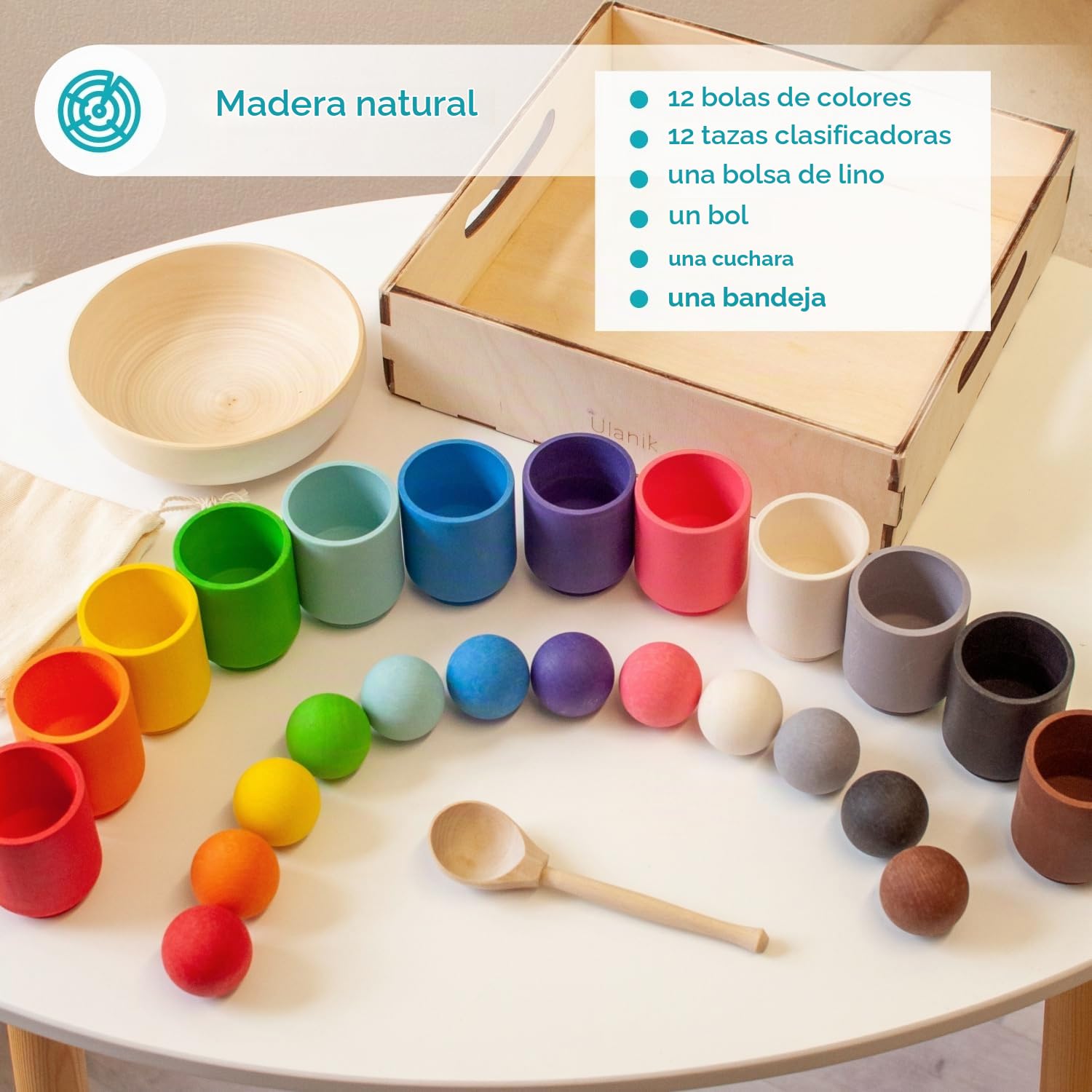 Ulanik Bolas en Vasos Set Completo Juguete Montessori 1 Año | Set abierto de clasificación en madera; 12 colores claros; bandeja y bolsa para guardar