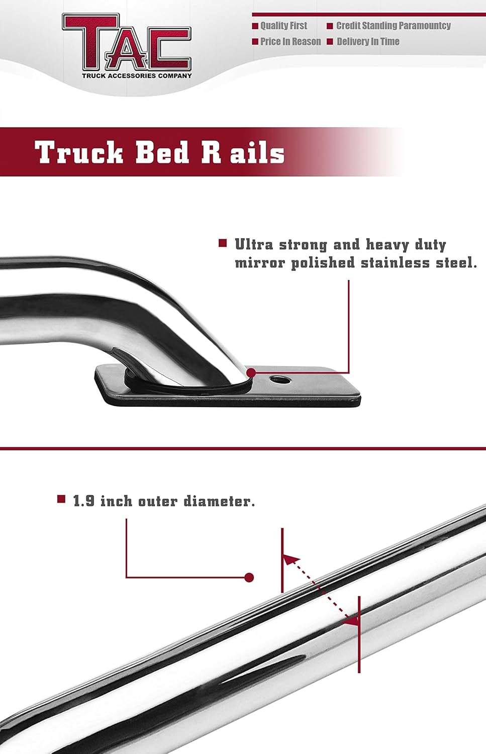 TAC Bed Rails Fit 2014-2024 Silverado/Sierra 1500 6.5' Standard Bed (Exclude Denali CarbonPro Editions) Stainless Steel Truck Accessories -1 Pair