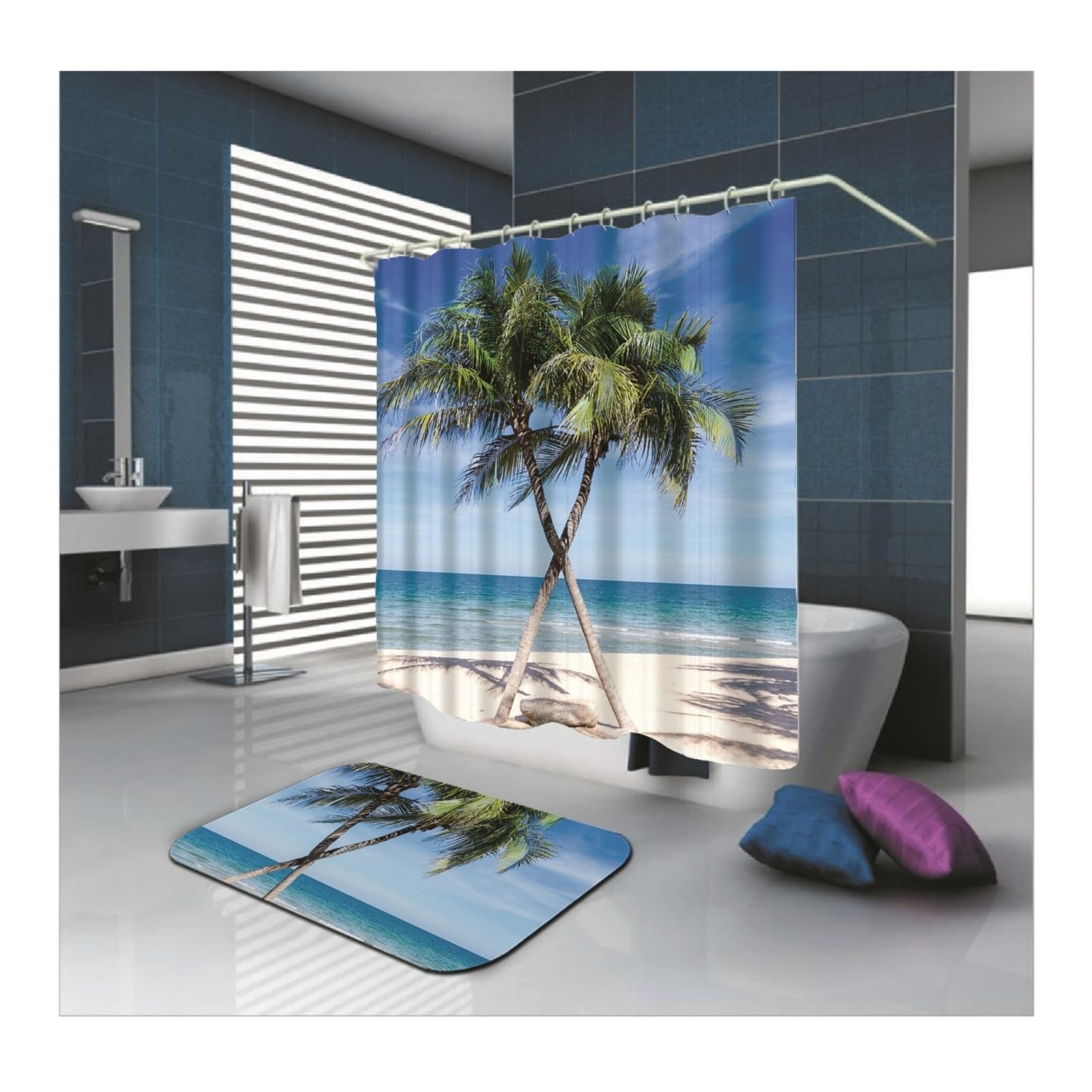 Duschvorhang Blau 165x200 cm, Kokosnussbaum Muster Badvorhang Polyester Waschbar Stoff 1,65 x 2m Lang(BxH) mit Duschvorhangringen