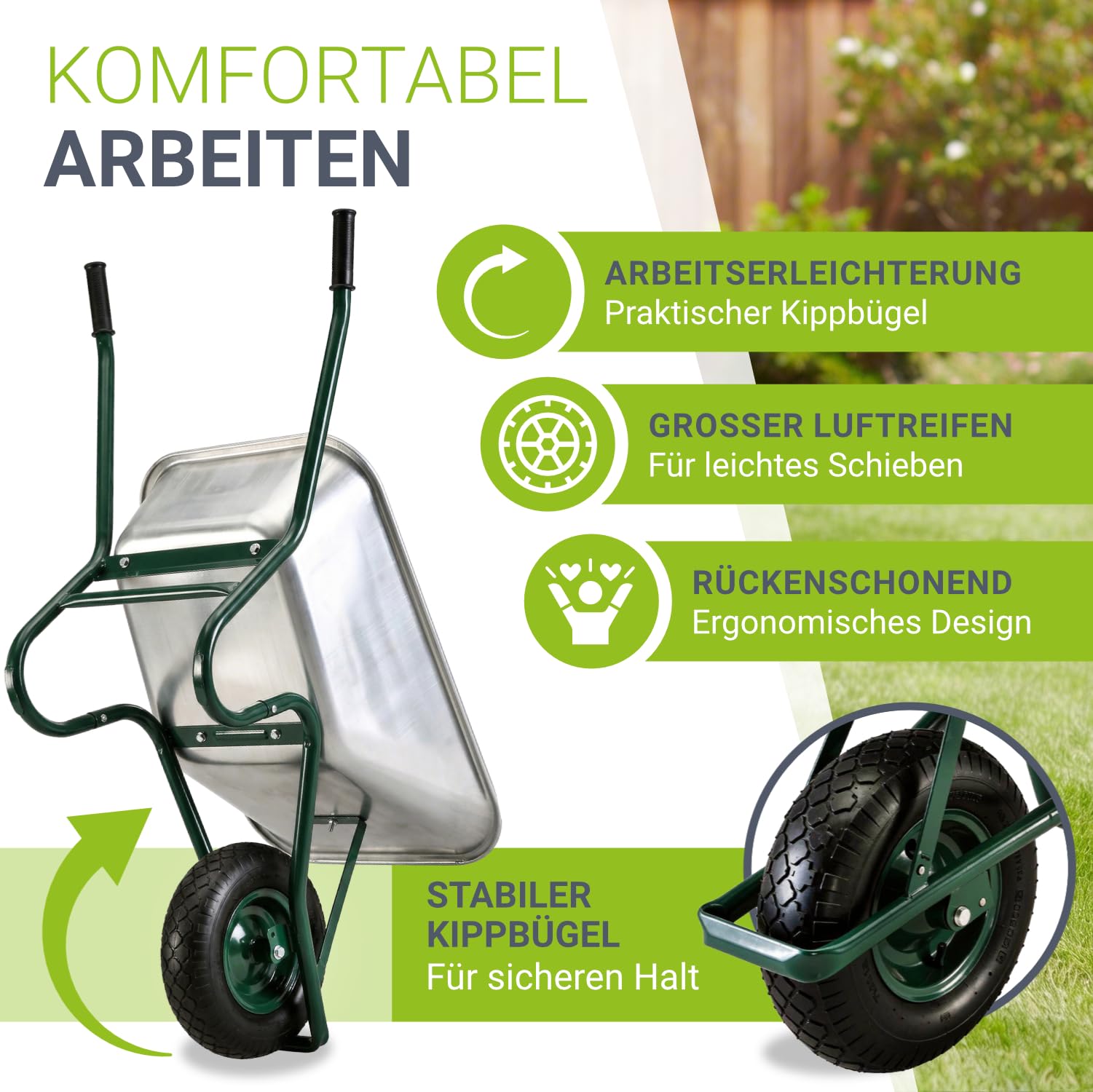 Juskys Schubkarre 100L, 250 kg – mit verzinkter Wanne, Luftreifen & Metall Felge, stabile Garten Schubkarre & Schiebkarre – Transportkarre Garden Silber
