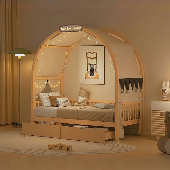 Twin Size Canopy Bed Frame, Vaulted Tent and 2 Storage Drawers,Wood Daybed Beds,With LED Single Color Decorative Light Platform Bed, for Kids Girls Boy Teenager Adults Easy to Assemble (Natural, Twin)