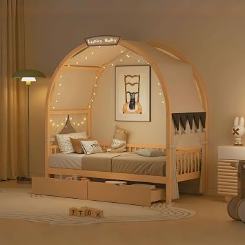 Twin Size Canopy Bed Frame, Vaulted Tent and 2 Storage Drawers,Wood Daybed Beds,With LED Single Color Decorative Light Platform Bed, for Kids Girls Boy Teenager Adults Easy to Assemble (Natural, Twin)