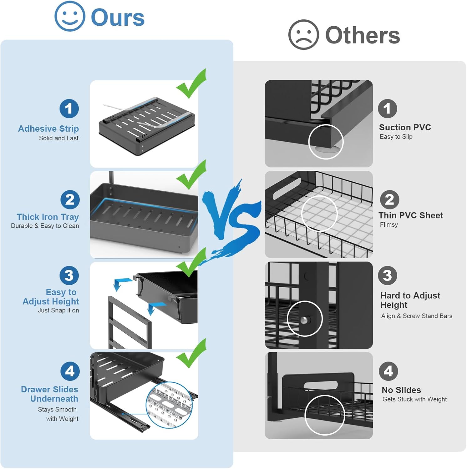 EVERIE Height Adjustable 2 Tier Metal Pull Out Slide Shelf Organizer for Under Sink Cabinets in Kitchen, Bathroom, with Snap-on Top Tray, 16" Deep (Black, 2 Sets) | Pull Out, Slide Shelf - Image 5