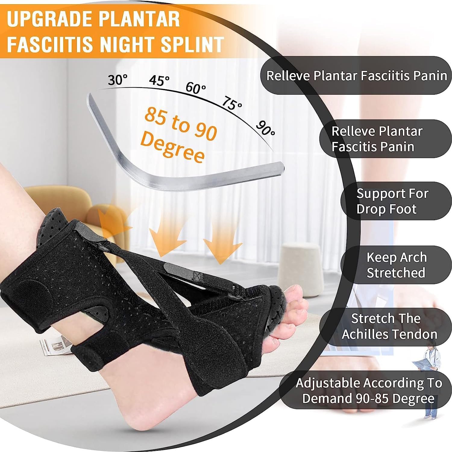 Mavdecll Night Time Splint for Plantar Fasciitis, 30°-90° Adjustable Drop Foot Orthosis, Suitable for Heel Tendinitis, Ankle and Foot Pain, Immobilize Ankles to Prevent Sprains(
